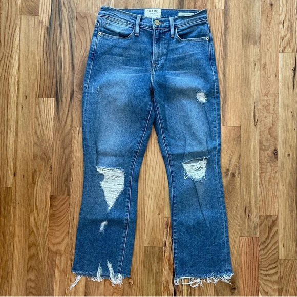 Frame Le High Straight Cropped Distressed Blue Denim Jeans Size 25 - Picture 1 of 4